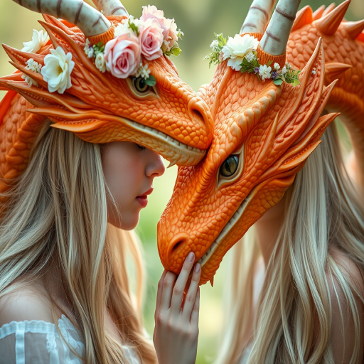Fantasy portrait of a young woman with long blonde hair and a floral crown gently touching noses with an orange dragon, captured in soft natural light, using a DSLR camera with a 50mm lens, aperture set at f/1.8, ISO 100, and a shallow depth of field for a dreamy background effect.