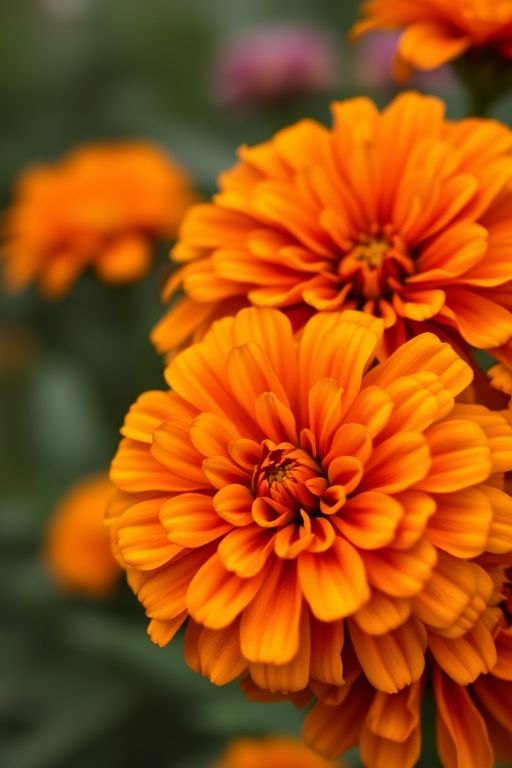 Close-up of vibrant marigold flowers with intricate petals, shallow depth of field, natural lighting, ISO 200, f/2.8, 50mm lens, DSLR camera, soft focus background.