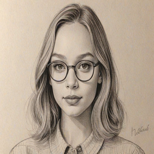Enchanting Maddie Ziegler, pencil sketch, portrait of Resplendent woman 1948s in glasses, hair style beatnik, outline, clear lines, fine lines, 8k