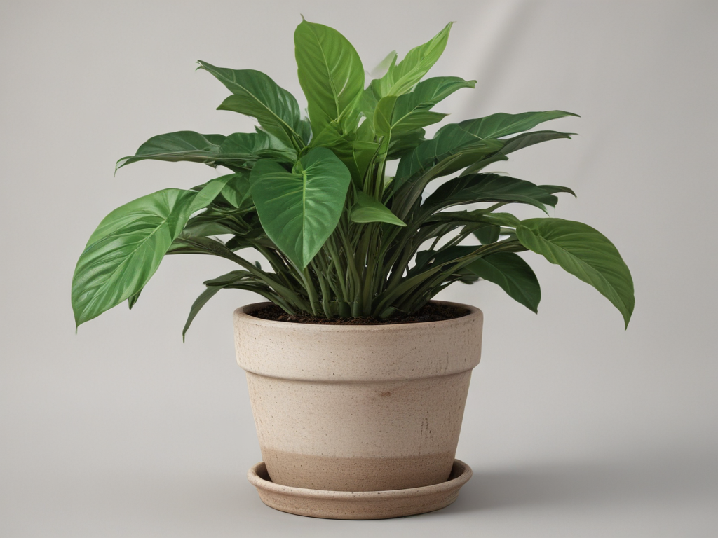 Vibrant Green Houseplant in a Simple Clay Pot with Saucer