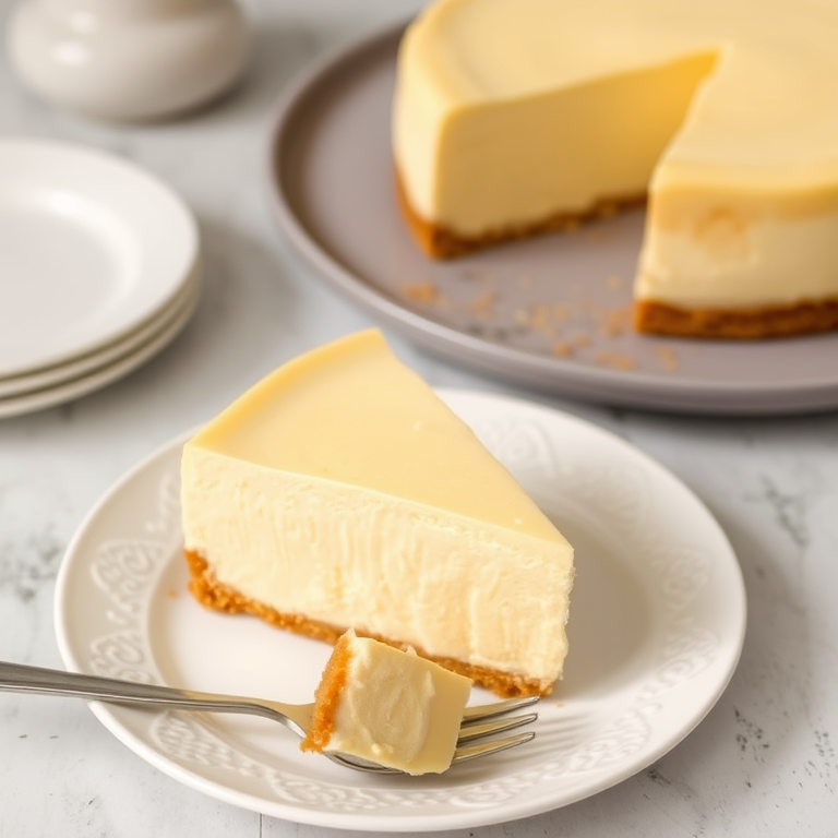 A slice of creamy cheesecake on a decorative white plate with a fork beside it and a whole cheesecake in the background on a gray plate.