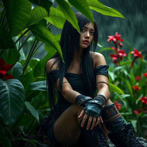 A highly detailed photograph of a woman with long black hair, sitting in the rain beneath lush green foliage. She wears a black off-the-shoulder top, fingerless gloves, and combat boots, giving her a rugged, militaristic look. Her left arm is bandaged, hinting at a recent struggle. The jungle background is vibrant, with large green leaves and red flowers contrasting against the rainy, dark sky. Fine rain droplets add realism and atmosphere to the scene.