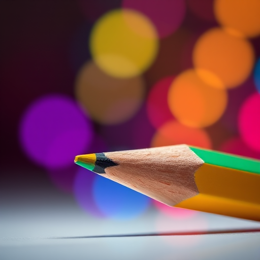 Create an image of a vibrant pencil with a colorful bokeh design on its body, shot at a close-up angle, using a DSLR camera with a 50mm lens at f/1.8, ISO 100, and a shutter speed of 1/200s for enhanced sharpness and depth of field.