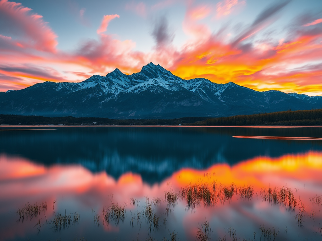 Create a serene landscape with a mountain backdrop during sunset, vibrant colors in the sky, reflecting on a calm lake in the foreground, captured with a Canon EOS R5, 24mm f/1.4 lens, ISO 100, aperture f/8, shutter speed 1/125s, wide-angle view, and a high dynamic range style to enhance image quality.