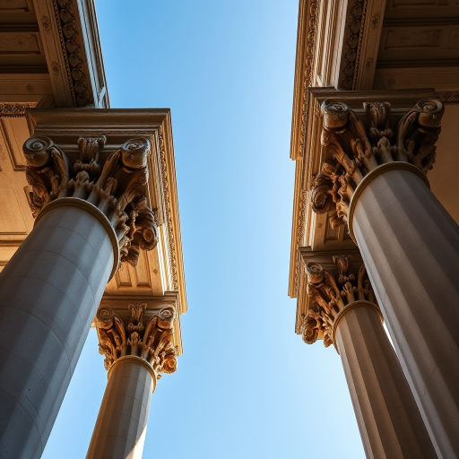 Create a high-resolution image of two ornate architectural columns with intricate details, shot with a Canon EOS R5 at f/8, ISO 100, 24mm focal length, in natural light from a low angle to enhance depth and contrast.