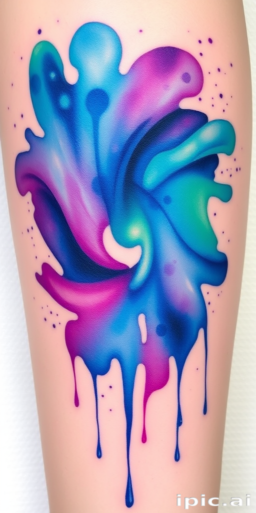 Vibrant watercolor splash tattoo called "Chromatic Cascade" featuring a mesmerizing blend of vivid blues, purples, and greens that seamlessly flow together, creating an abstract and ethereal design reminiscent of a cosmic nebula, with delicate splatters and drips adding texture and depth to the overall composition, perfect for those seeking a unique and artistic expression on their skin.
