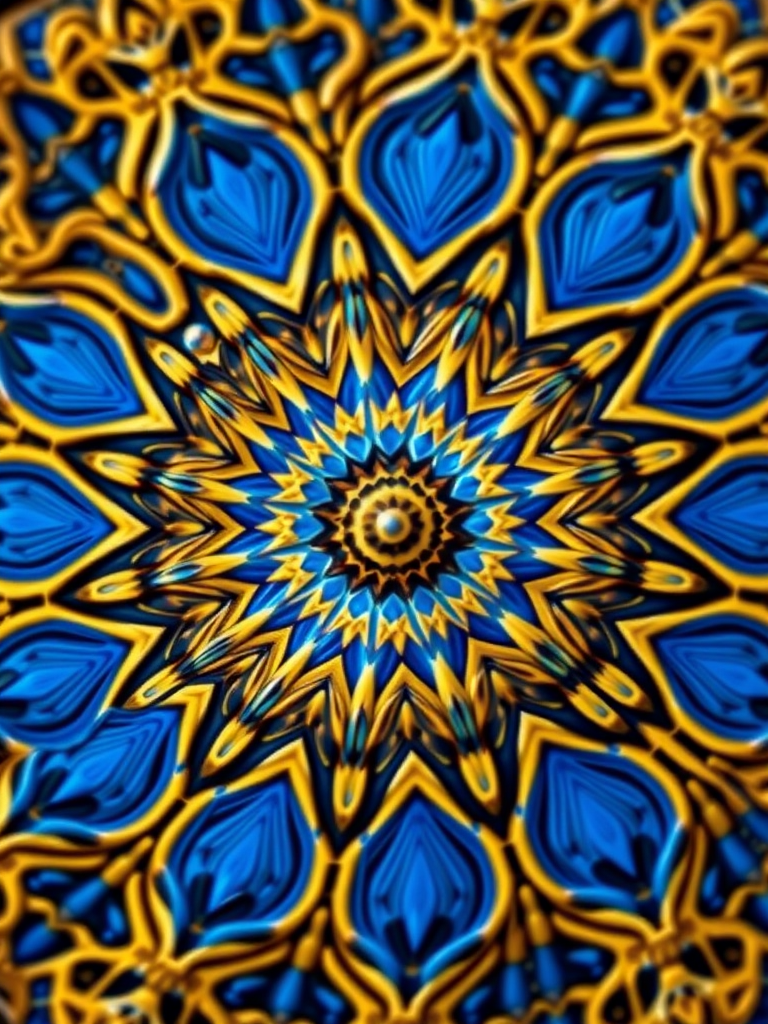 Generate a detailed mandala design with intricate blue and gold patterns in a kaleidoscopic style, using a macro lens, f/2.8 aperture, 100mm focal length, and natural light to enhance brightness and contrast.