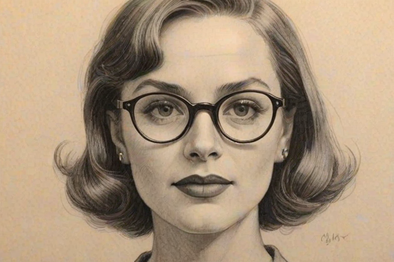 Charming Gillian Vigman, pencil sketch, portrait of Bewitching woman 1933s in glasses, hair style beatnik, outline, clear lines, fine lines, 8k