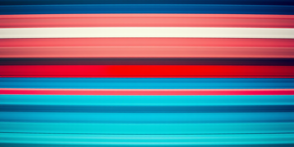 Create an abstract image with vibrant horizontal stripes in shades of blue, red, and white, using a Canon EOS R5 camera with a 50mm lens, aperture f/1.8, ISO 100, and a low-angle view for enhanced depth and clarity.