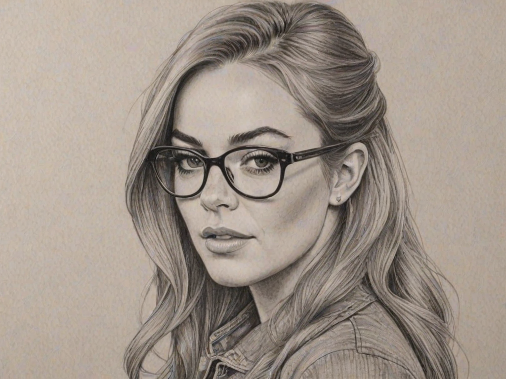 Pleasing Lindsay Lohan, pencil sketch, portrait of Gorgeous woman 1963s in glasses, hair style beatnik, outline, clear lines, fine lines, 8k