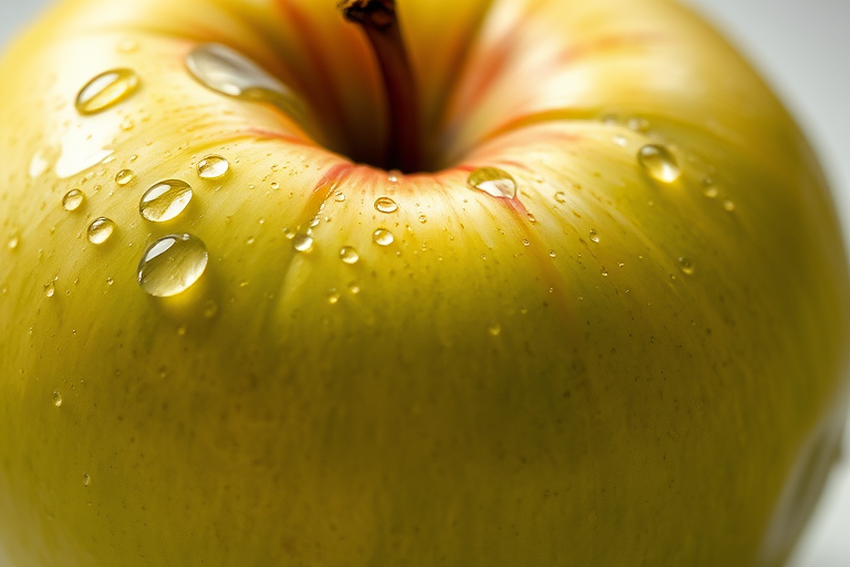 Capture a close-up shot of a green apple with water droplets on it, using a Canon EOS R5 camera, 50mm lens, f/2.8 aperture, ISO 100, 1/200 sec shutter speed, natural lighting, and a shallow depth of field to enhance details and textures.