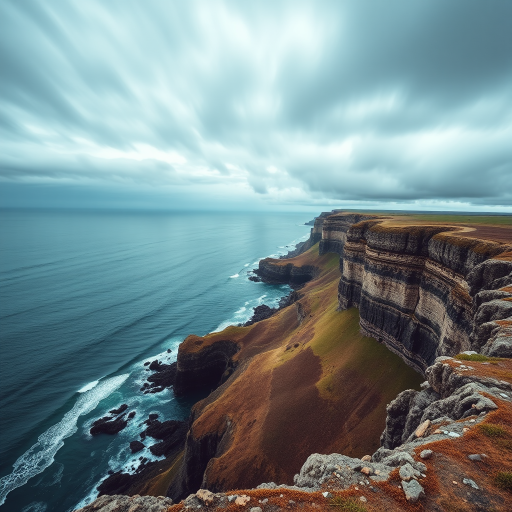 Capture a dramatic seascape of a rugged coastline with cliffs, featuring a turbulent sky and tranquil waters, using a DSLR camera at f/8, 1/125s, ISO 100, shot from a high angle to emphasize the curves of the shore and the contrast between land and sea.