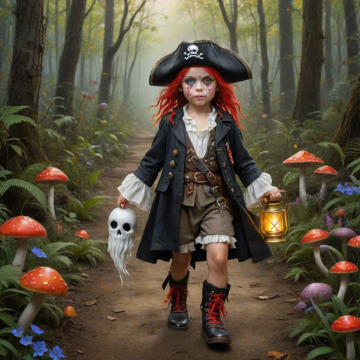 ultra detailed, photo realistic, painterly, of a little girl pirate, patch over one eye, black bandana over hair, walking and carrying an white ghost bucket and a lantern in the other hand, with bright red croc shoes, background path in the enchanted forest, wildflowers, colorful mushrooms misty hues of black and orange with bright gold glitter, ultra detailed