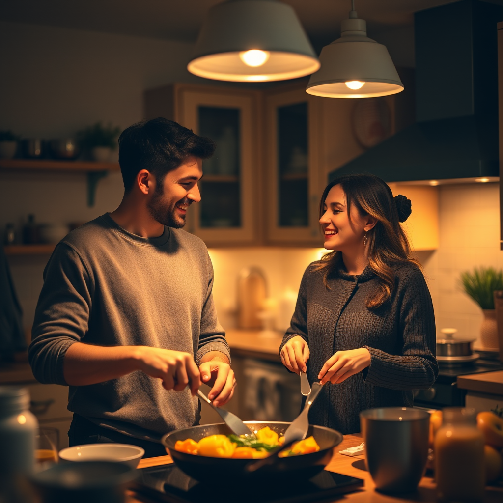 Warm, intimate image of a couple cooking dinner together in a cozy kitchen, soft glow from overhead lights casting warm shadows, the smell of saut'ing vegetables and laughter filling the space.