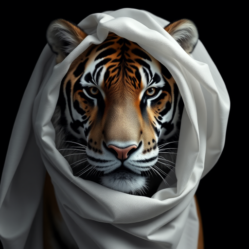 A hyper-realistic digital portrait of an tiger with fabric draped over its head. The fabric is sheer and lightweight, allowing the contours of the tiger’s face to show through, including its ears, eyes, and nose. The texture of the fabric is smooth and flowing, with delicate folds and creases that suggest softness and movement. The tiger’s expression is serene and contemplative. The image focuses on the interplay of light and shadow on the fabric and the tiger's face, creating a monochromatic palette of whites and grays. The background is a simple, nondescript dark shade to highlight the subject.