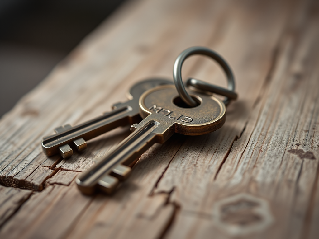 A close-up of a set of vintage keys resting on a rustic wooden surface, captured with a Canon EOS R5 at f/2.8, ISO 100, with a 50mm lens, in natural light, emphasizing texture and detail.