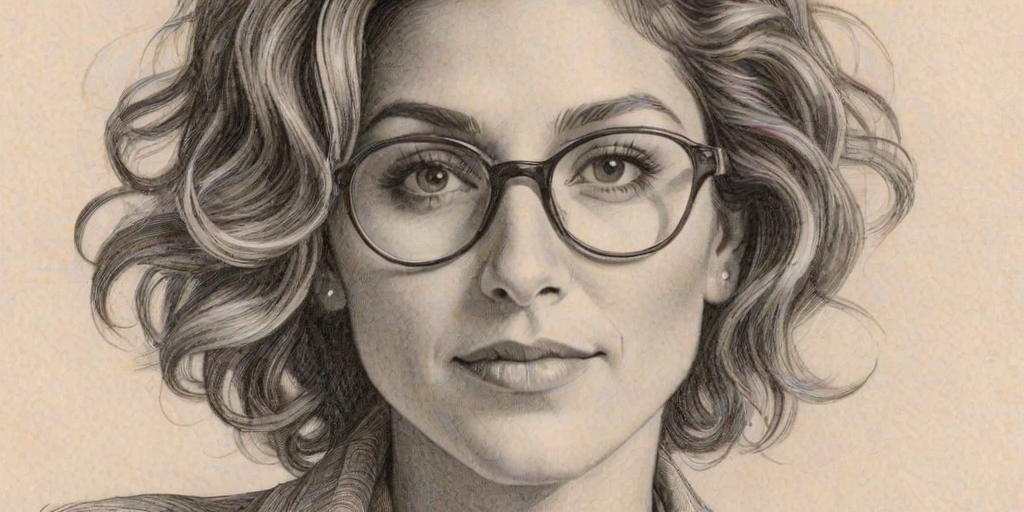 Delightful Jennifer Esposito, pencil sketch, portrait of Enticing woman 1931s in glasses, hair style beatnik, outline, clear lines, fine lines, 8k