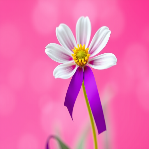 Create a vibrant digital illustration of a simple white flower with a yellow center and a purple ribbon on a bright pink background with soft circular bokeh; camera settings: f/2.8, ISO 100, shutter speed 1/250s; camera view: macro close-up; camera style: digital art; camera type: high-resolution graphic tablet.
