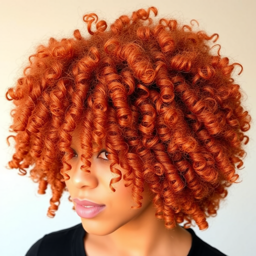 Fiery copper curls in a voluminous afro shape, known as "Autumn Ember," with golden honey highlights woven throughout for dimension and warmth