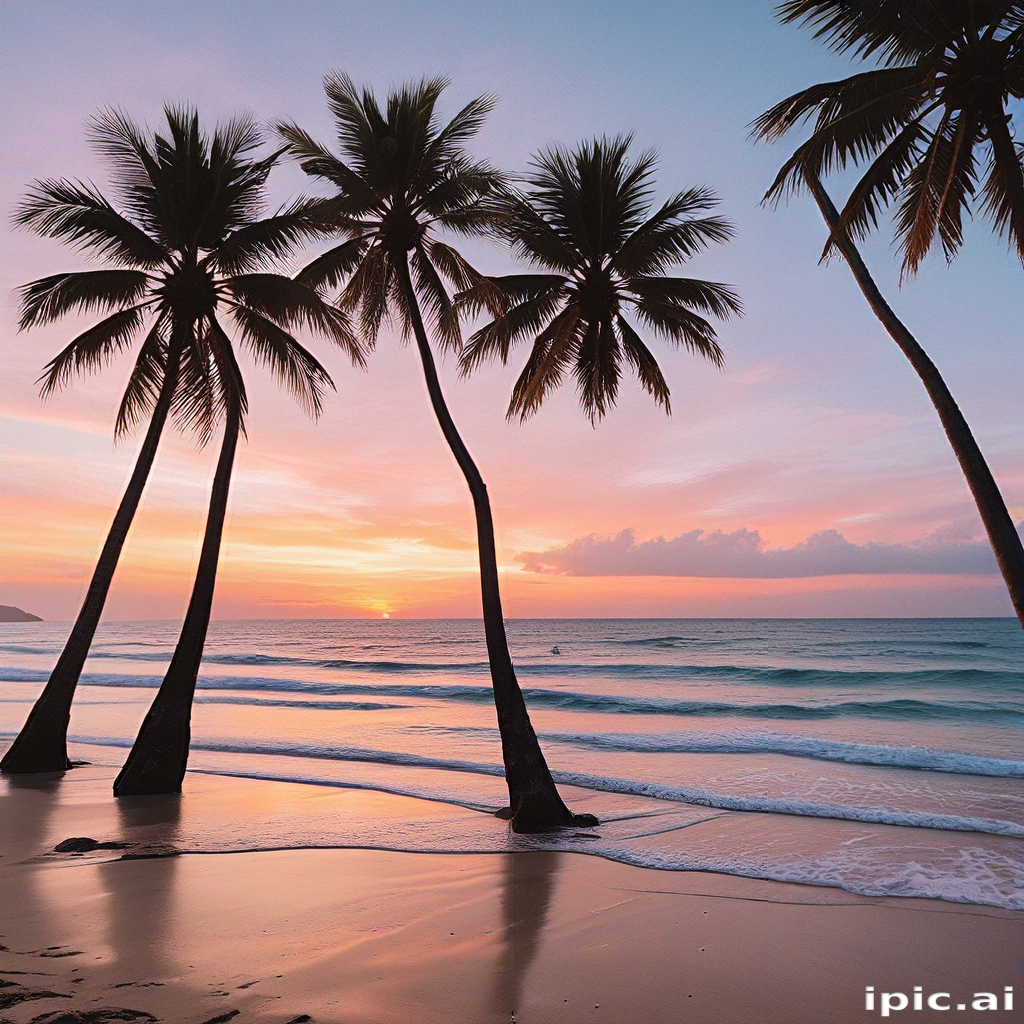Serene Sunset Over the Ocean with Silhouetted Palm Trees at Dusk