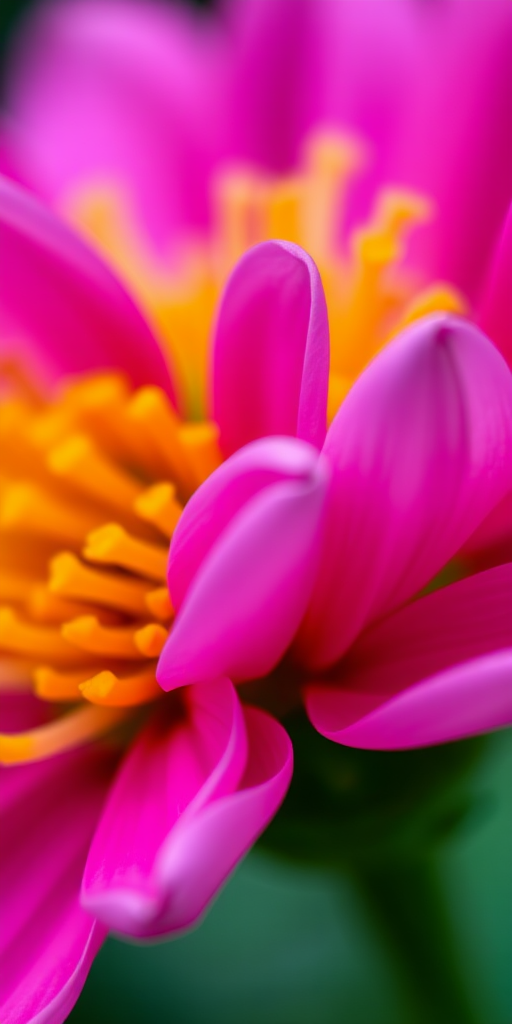 Close-up of a vibrant pink flower with yellow details, shallow depth of field, macro lens, aperture f/2.8, ISO 100, natural light, focus on flower petals, soft background blur.