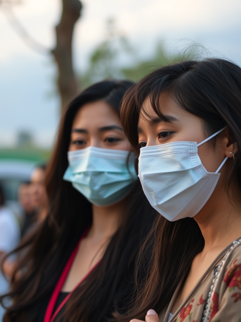Portrait of two women with masks in a serene outdoor setting, capturing their expressions of devotion, focus on soft lighting, aperture f/2.8, shutter speed 1/200, ISO 100, shot from a slightly low angle with a shallow depth of field using a DSLR camera.