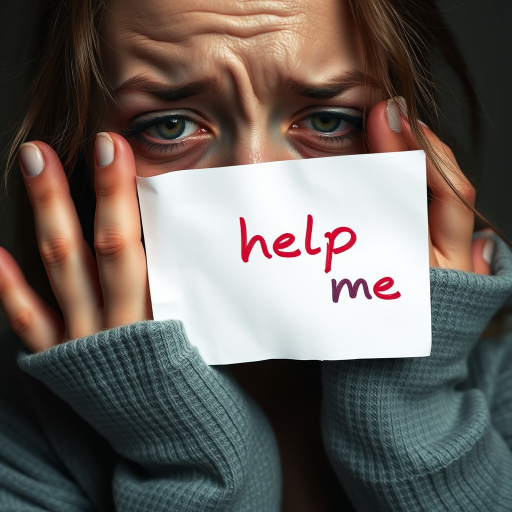 crying woman holding a note which says "help me"