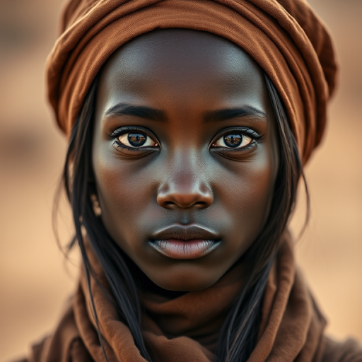Create a portrait of a young Zulu female with long, dark hair and captivating hazel eyes. She is wearing a brown headscarf and a matching scarf draped gracefully around her neck. The background is softly blurred, focusing attention on her serene and natural expression. The overall color palette is muted and warm, enhancing the intimate and authentic feel of the portrait.
