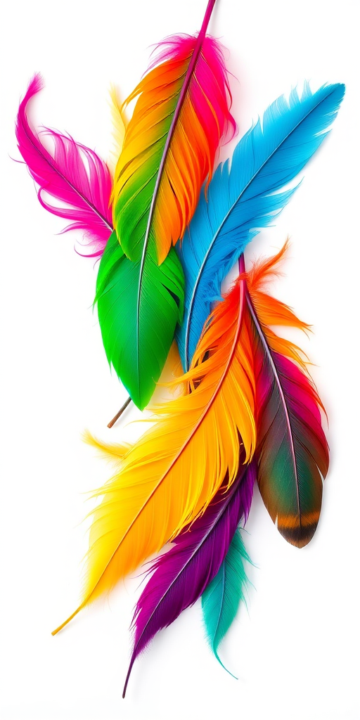 Create a high-resolution image of colorful feathers in a whimsical pattern on a white background, using a DSLR camera with a 50mm f/1.8 lens, in soft natural light, focusing on vibrant colors and intricate details.