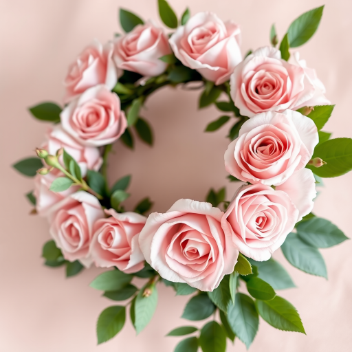floral wreath with light pink roses and green leaves, soft background, macro view, DSLR camera, aperture f/2.8, ISO 100, shutter speed 1/125s, natural lighting