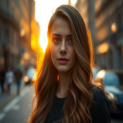 A portrait of a young woman with long, wavy hair standing on a city street at golden hour, shallow depth of field, soft bokeh in the background, taken with a 50mm lens at f/1.8, ISO 100, and shutter speed 1/200 sec, using a Canon EOS 5D Mark IV.
