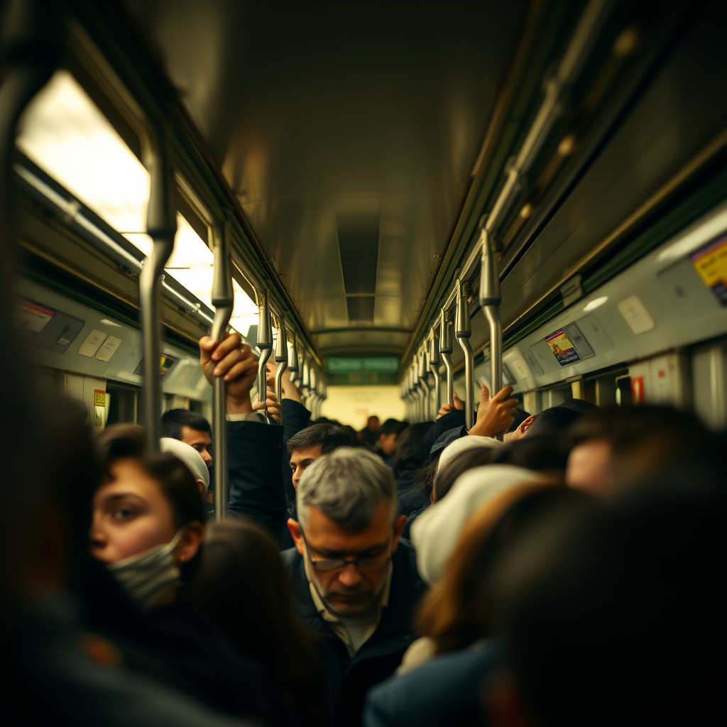 Low-resolution image of a crowded subway car during rush hour, passengers holding onto metal bars, soft overhead lights casting a yellow hue, the sound of murmured conversation and the rhythmic clatter of the train on the tracks, blurred faces of commuters lost in thought.