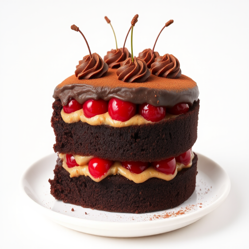 A delicious two-layer chocolate cake with a creamy filling and cherries, topped with chocolate frosting and a dusting of cocoa powder, presented on a simple white plate against a neutral background.
