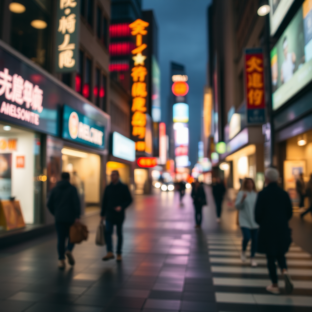 Blurry, candid photo of a bustling street corner in a big city, soft glow from neon signs illuminating the wet pavement, with distant figures walking in and out of focus.
