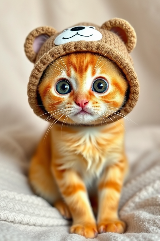 A cute orange tabby cat wearing a bear-themed hat with large expressive eyes sitting on a soft blanket background. The cat has a curious and adorable expression, making it look playful and charming.