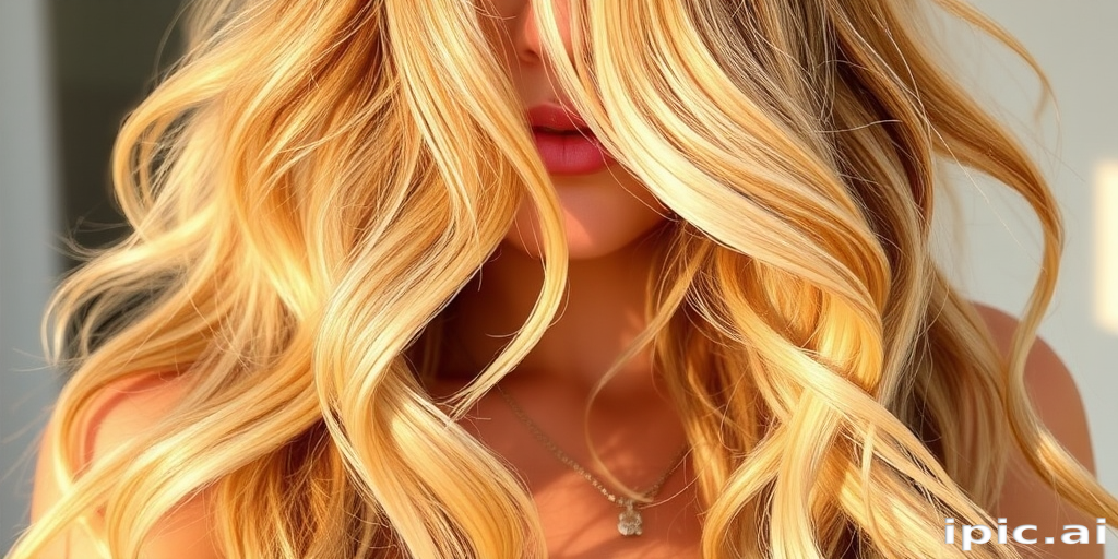 Warm honey blonde beach waves known as "Golden Hour," cascade effortlessly from a center part, featuring sun-kissed highlights and lowlights that create depth and dimension, evoking the glow of a perfect summer evening