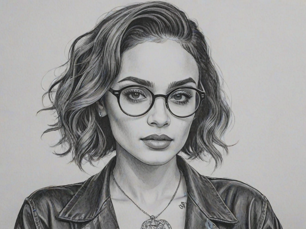 Alluring Kehlani, pencil sketch, portrait of Alluring woman 1935s in glasses, hair style beatnik, outline, clear lines, fine lines, 8k