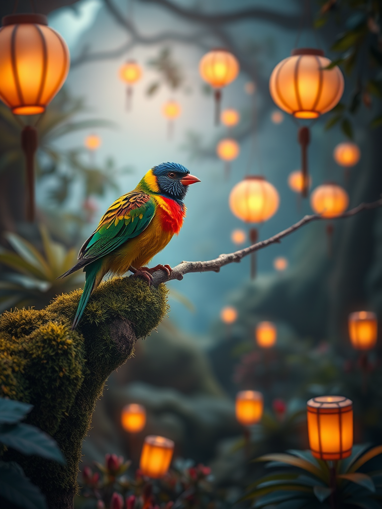Regenerate a vibrant fantasy scene featuring two colorful birds perched on a mossy branch in a mystical landscape with soft glowing lanterns and lush foliage, captured with a Canon EOS R5, 50mm f/1.2 lens, aperture set to f/1.8, ISO 100, and a shallow depth of field for a dreamy focus effect.