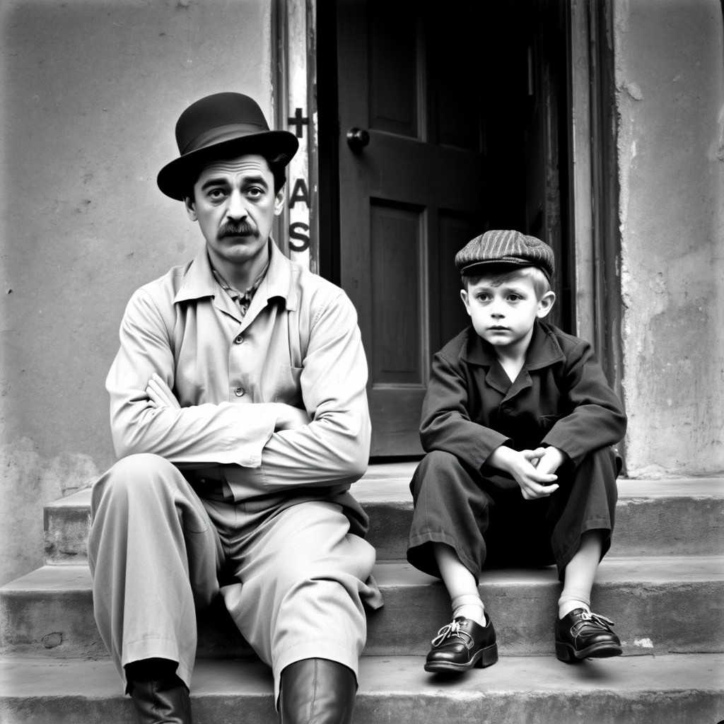 A black-and-white photograph of a man and a child sitting on steps in front of a doorway. The man is dressed as a tramp with a bowler hat, mustache, and ragged clothes, reminiscent of Charlie Chaplin's iconic look. He is sitting with his arms crossed and an expression of slight sadness or frustration. Next to him is a young boy, also in worn clothes and a cap, sitting with his hands clasped, looking thoughtful. The background is an old, textured wall and a partially open door, creating a vintage, early 20th-century atmosphere.
