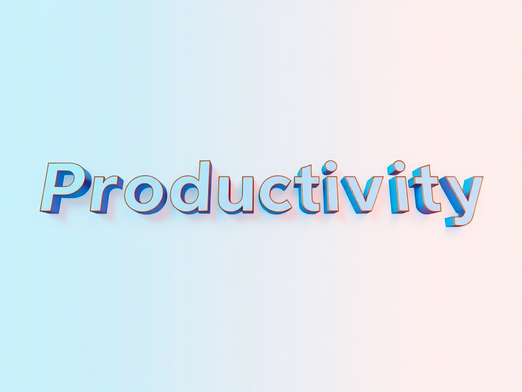 Create a high-resolution digital illustration featuring the words "Productivity," "Connectivity," "Safety," "Efficiency," and "Flexibility" in a dynamic, futuristic font, using a Canon EOS R5 with a 24-70mm f/2.8 lens, aperture set at f/4, ISO 100, and a panoramic view that emphasizes depth and dimensionality, with a neon blue and white color scheme against a gradient background to enhance clarity and focus.