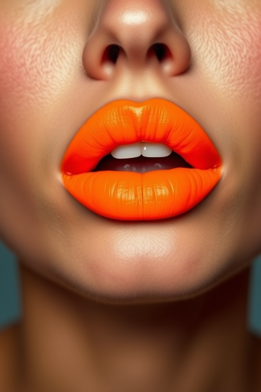 Bold neon orange lips make a vibrant statement, featuring an ultra-matte finish that pops against any skin tone and radiates energy