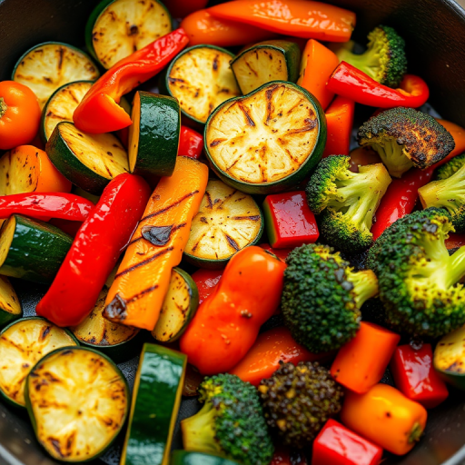 Create a vibrant image of a pan filled with colorful grilled vegetables including zucchini, bell peppers, and broccoli, shot with a DSLR camera at f/2.8 aperture, 1/200 sec shutter speed, ISO 100, with a close-up angle and natural lighting for enhanced depth and detail.