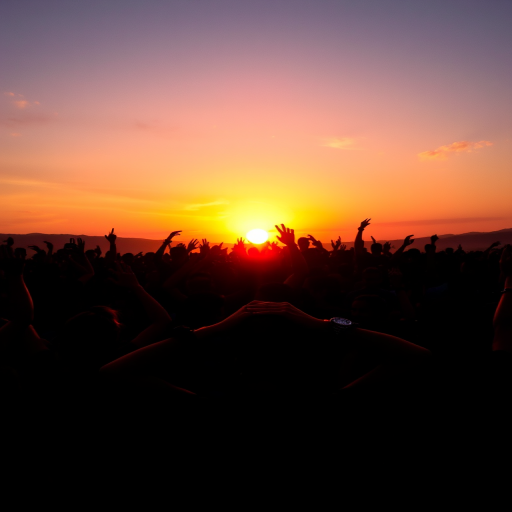 Create a vibrant sunset scene featuring a crowd of silhouetted people celebrating, captured with a DSLR camera at f/2.8 aperture, ISO 100, and a shutter speed of 1/500s from a low angle, using a wide-angle lens for a dynamic perspective.