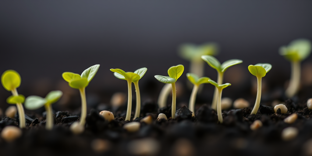 close-up of sprouting seeds with vibrant green leaves on a black background, DSLR camera, f/2.8 aperture, ISO 100, 50mm lens, soft natural lighting, shallow depth of field