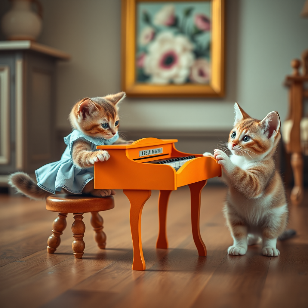 A charming scene of three cute cats in a vintage-style room. One cat, wearing a small, light-blue dress, sits on a tiny stool playing a miniature orange piano. Two other cats, with wide, curious eyes, watch the piano-playing cat intently. The room has warm lighting, with a cozy, old-fashioned aesthetic, soft wooden floors, and a blurred floral painting in the background. The overall mood is playful and whimsical, capturing the innocent curiosity of the cats. The image has a slightly worn, nostalgic feel, reminiscent of an old photograph.