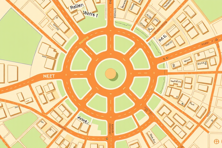 Create a detailed map illustration with vibrant colors, featuring a roundabout at the center, clearly marked roads in orange, and surrounding buildings in soft green and beige, using a top-down view, with high resolution and vector style, captured via a digital illustration technique.