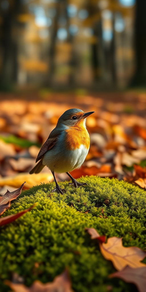 Create a highly detailed image of a bird perched on mossy ground surrounded by autumn leaves in a forest, with soft natural lighting, using a 50mm lens at f/2.8, ISO 200, and a shallow depth of field to emphasize the bird and blur the background while capturing the vibrant colors of the scene.