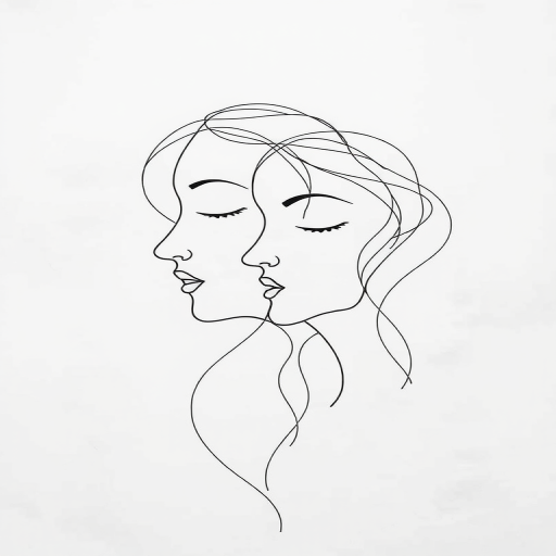 Create a minimalist abstract line drawing featuring intertwined faces and flowing curves, using a high-resolution digital camera; settings: ISO 100, aperture f/5.6, shutter speed 1/60s; perspective view with a clean white background and soft lighting to enhance contrast.