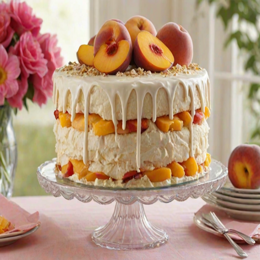 Create an image of a beautifully decorated cake on a cake stand. The cake should have a creamy texture with a slice cut out to reveal layers inside. Include fruit pieces, such as peaches, visible in the layers. The top should be adorned with swirls of frosting and a crumb topping, surrounded by fresh peaches. The setting should be warm and inviting, with a pastel-colored tablecloth underneath.