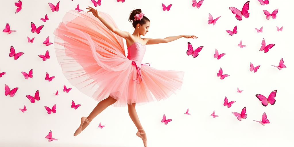 A graceful ballerina in a flowing pink and orange tutu, surrounded by fluttering pink butterflies, set against a soft white background, captured with a DSLR camera at f/1.8, ISO 100, shutter speed 1/200s, portrait mode, natural lighting for enhanced texture and colors.